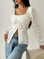 Women'S French Square Neck Embroidered Lace Blouse, Spring/Autumn Super Trumpet Long Sleeve Shirt, Ruffled Edge Elegant Off-Shoulder Top - White