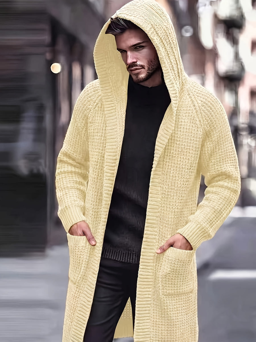 Men's Casual Sport Sweater, Knit Cardigan, Long Hooded Knit Cardigan. The Hooded Design Adds a Casual and Effortless Style, While the Long Length Flatters the Figure. This Simple yet Stylish Piece Is Perfect for Autumn and Winter, Offering Warmth - Apricot