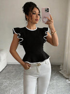 Women's Fashion New Arrival Round Neck Ruffle Short Sleeve Top, Slim Fit with Contrast Trim on Sleeves and Hem, Suitable for Daily Casual and Commuting - Black