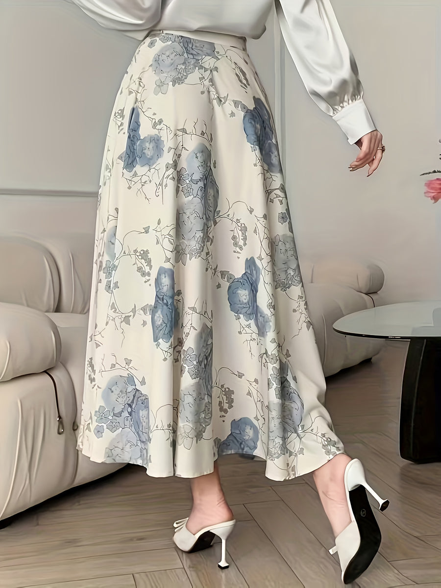 BK0902048 French-Style High-Waisted Long Skirt, Elegant Women'S Chiffon Skirt, Flared A-Line Dress, Blue Floral Print Skirt, Lightweight And Airy for Spring And Summer - Mixed colors