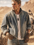 Men's Heavyweight Denim Jacket, Swagger Washed Gradient Vintage Autumn/Winter Trend American Workwear Jacket - Sky Blue