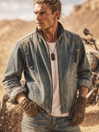 Men's Heavyweight Denim Jacket, Swagger Washed Gradient Vintage Autumn/Winter Trend American Workwear Jacket - Sky Blue