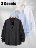 3pcs Men's Textured Slim-Fit Vacation Shirts - Long Sleeve & Short Sleeve Multi-pc, Stand Collar Button- Cuff Shirt Convertible to Short Sleeve, Breathable All-Season Hawaiian Casual Shirt Lightweight, Fashionable Minimalist for Beach Travel Vacation - Black+sky Blue+white