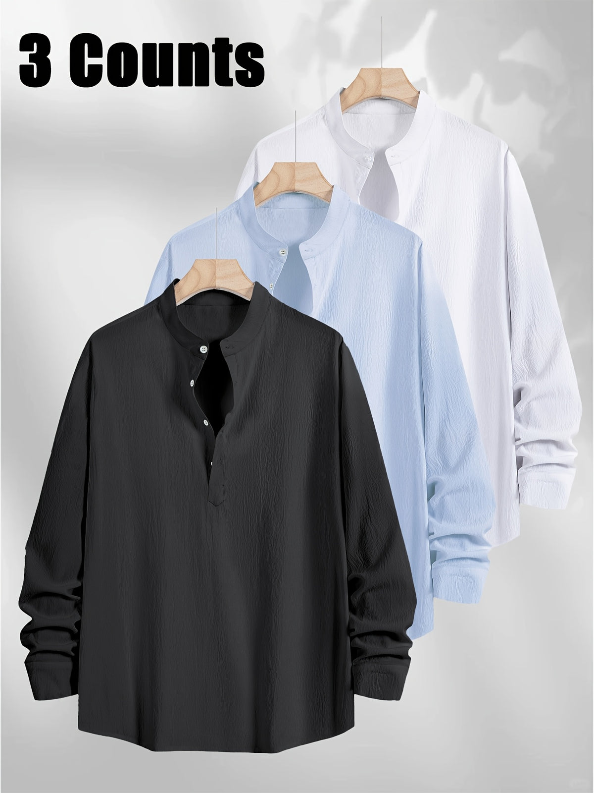 3pcs Men's Textured Slim-Fit Vacation Shirts - Long Sleeve & Short Sleeve Multi-pc, Stand Collar Button- Cuff Shirt Convertible to Short Sleeve, Breathable All-Season Hawaiian Casual Shirt Lightweight, Fashionable Minimalist for Beach Travel Vacation - Black+sky Blue+white