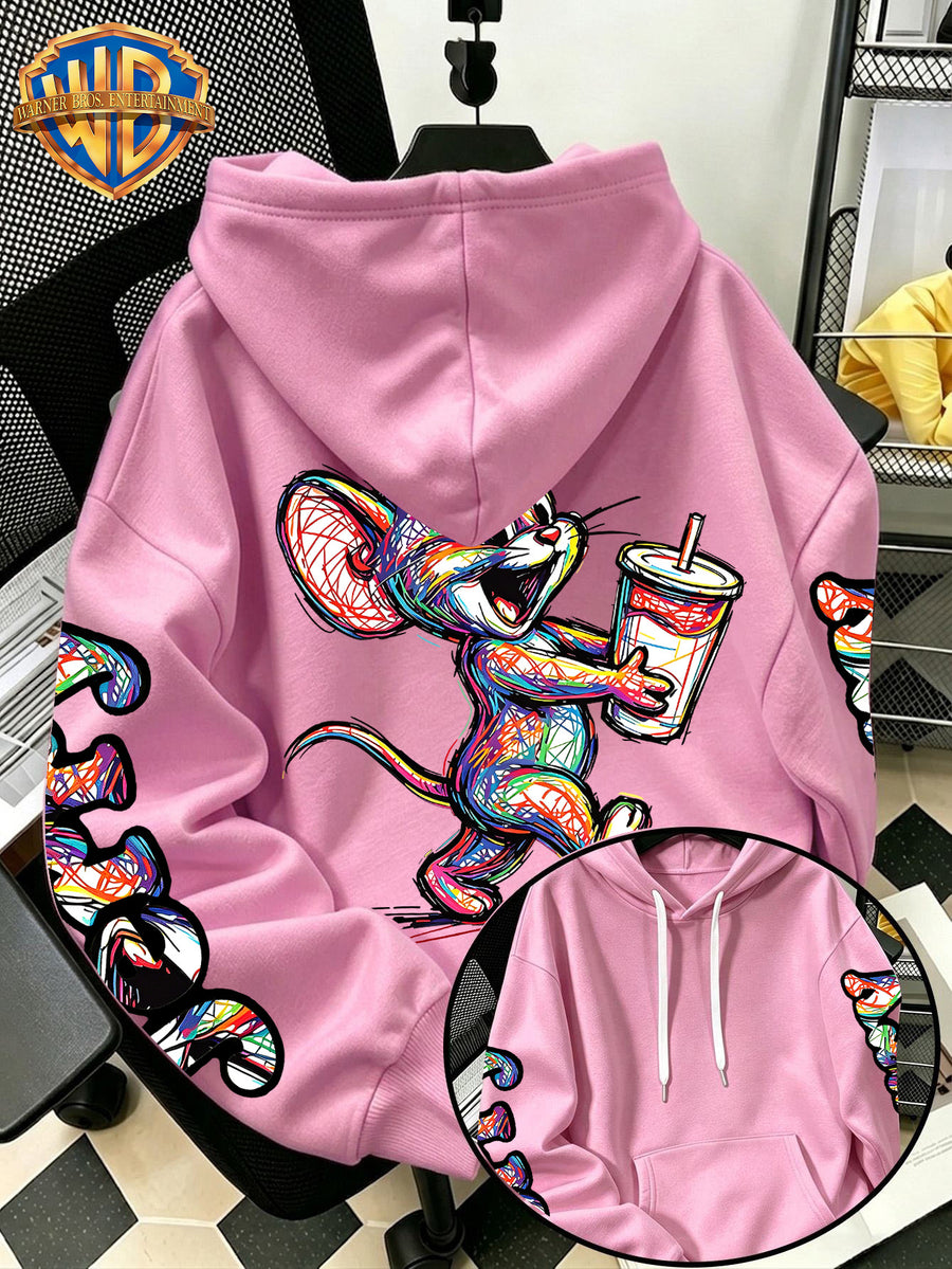 [Officially Licensed by Warner Bros] 1pc, American Colorful Line Cartoon Holding Drink Portrait Creative Casual Hoodie - Men'S Fashion Sweatshirt, Adjustable Drawstring Loose Comfortable Sweater, Suitable for Daily And Outdoor Wear - Pink Color