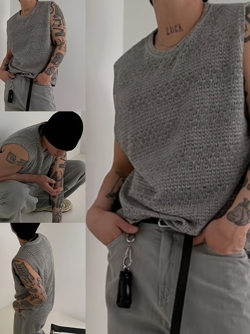 Men'S Sleeveless Knit Vest, Lightweight Textured Casual Shirt, Loose Fit Summer Vest Suitable for Summer Street Training - Grey