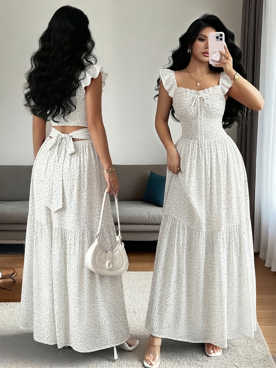 Elegant Casual Vacation Square Neck Lotus Dancing Sleeve Polka Dot Printed Textured Checkered Chiffon Fabric Back Tie Pleated Full Skirt Spring Summer Red Women'S Dress Summer Summer Women'S Long Skirt Vacation Dress Women'S Polka Dot Dress Elegant - White