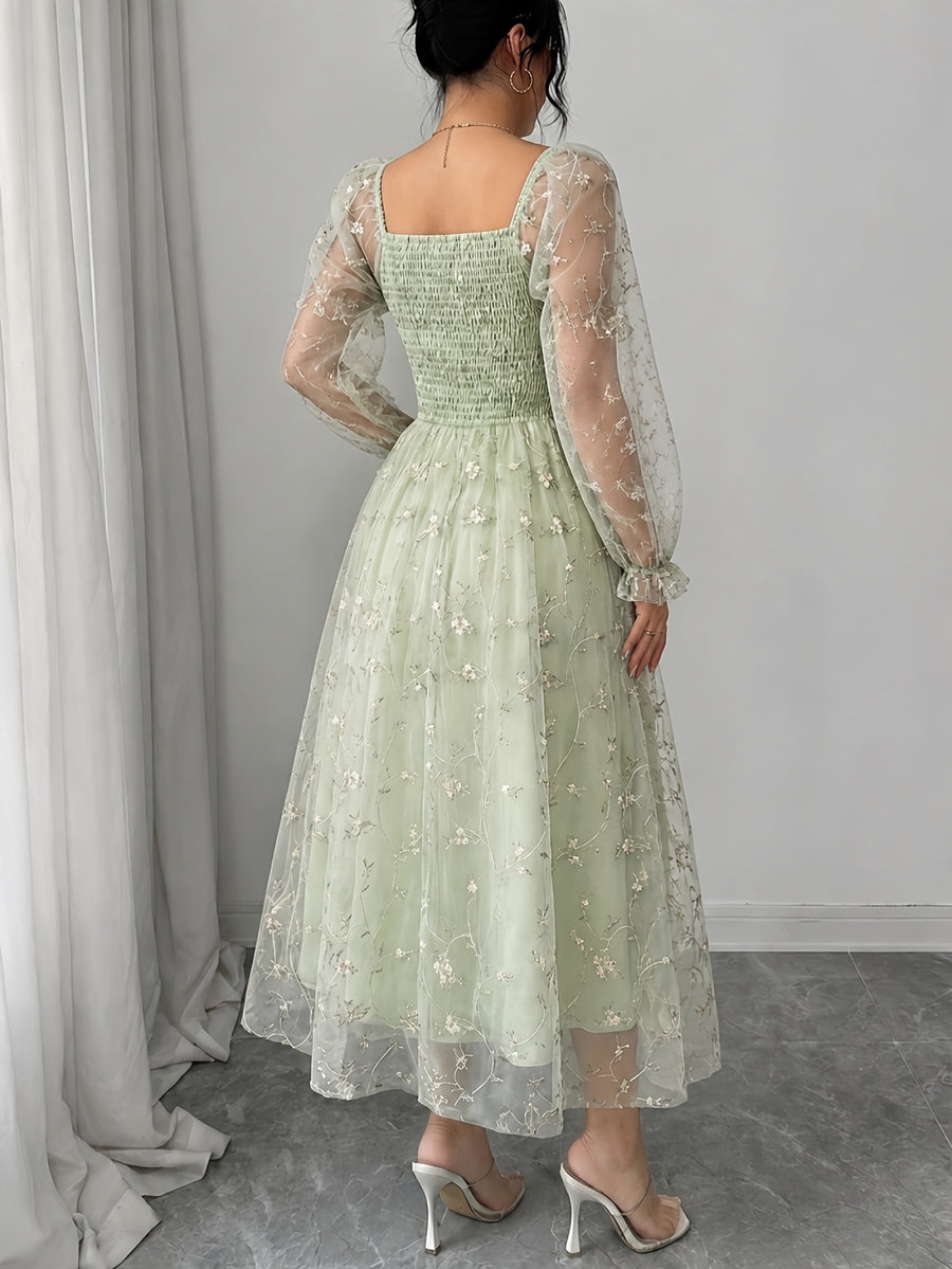 Directional Elegant Women'S Clothing Mesh Embroidered Solid Color Long Sleeve Dress - Light Green