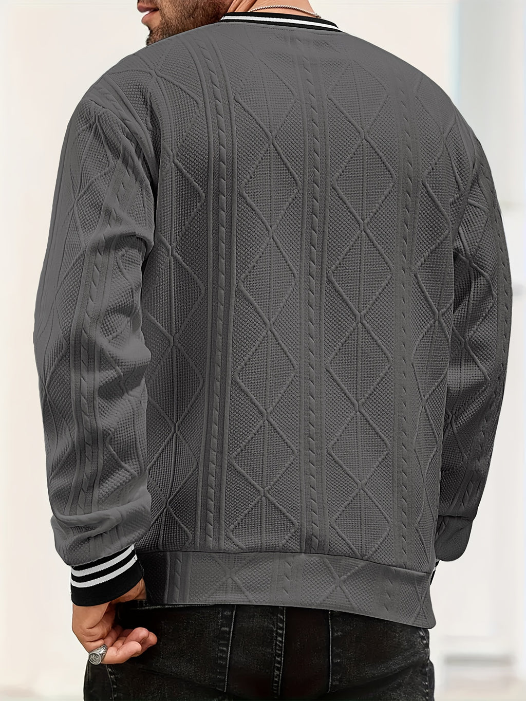 New Men's Casual Fashionable Sporty Cool Versatile Trendy Stylish 3D Jacquard Fabric High Street Popular Knitted Flatbed Collar Crew Neck Sweatshirt - Dark Gray