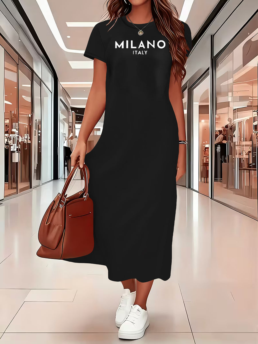 Summer Women's Fashion Dress, Letter Print Casual Dress, Elegant Round Neck Short Sleeve Chic Dress, Graceful Vacation Style, Beach Dress, Suitable for Outdoor and Daily Wear, Women's Clothing - Black