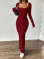 Ribbed Dress, Long-sleeve Tweed Casual Dress - Deep Red