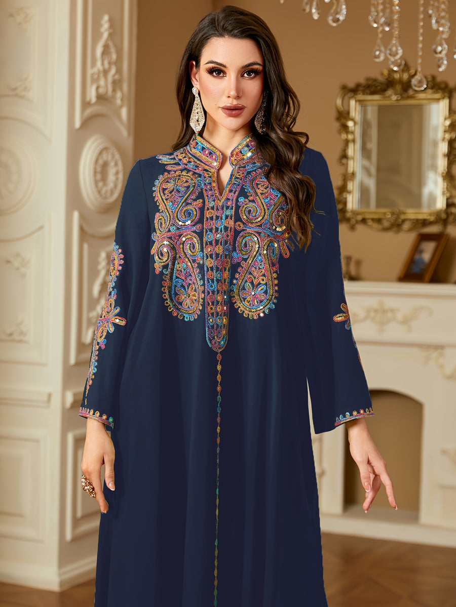 Middle Eastern Ramadan Fashion Beaded Rope Embroidery V-Neck Long Sleeve Dress - Navy Color