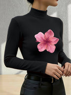 Women'S 2026 New Fashion Half-Neck Long Sleeve Body Suit, Casual Texture Fall Winter Style, Essential Base Layer for Fall Winter, Slim Sexy Comfortable Warm "Pink Hibiscus Flower Art" - Black