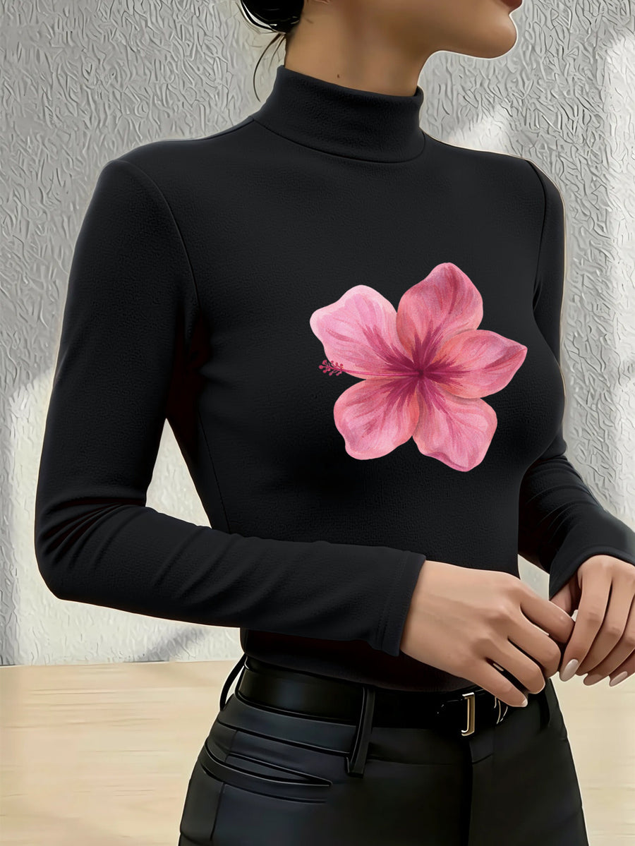 Women'S 2026 New Fashion Half-Neck Long Sleeve Body Suit, Casual Texture Fall Winter Style, Essential Base Layer for Fall Winter, Slim Sexy Comfortable Warm "Pink Hibiscus Flower Art" - Black