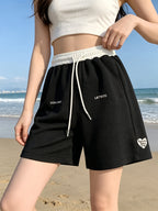 Women's Quick-Dry Summer Shorts Suitable for S & Beach - Wide-Leg Swim Shorts with Height, Straight-Leg & Embroidery, Machine Washable Casual Shorts for, Clothing, American High Street Style - Cool Black