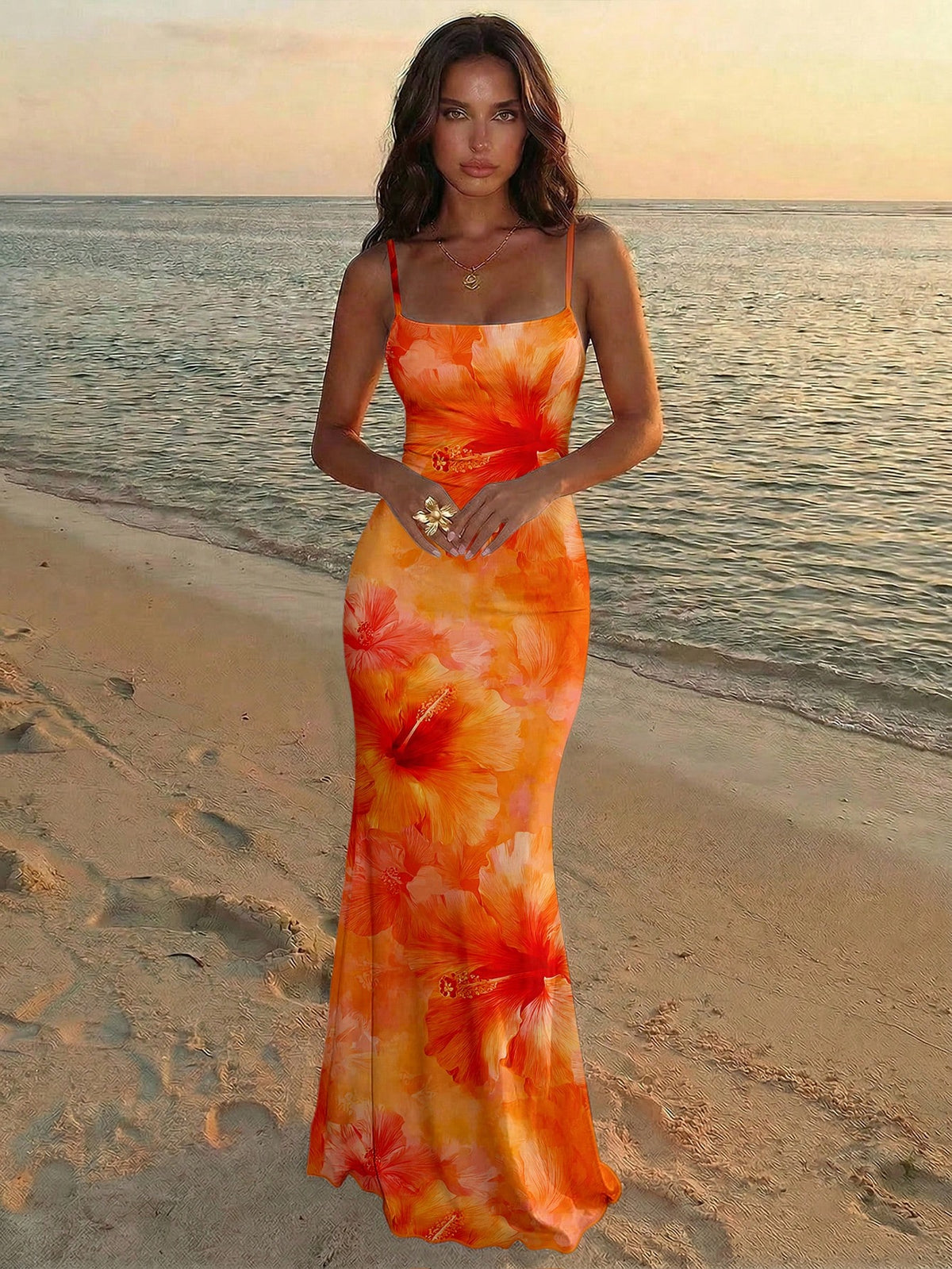 Women's Elegant Hawaiian Print Backless Dress, Summer Vacation Wear, Beach Dress, Women's Beach Vacation Outfit - Orange