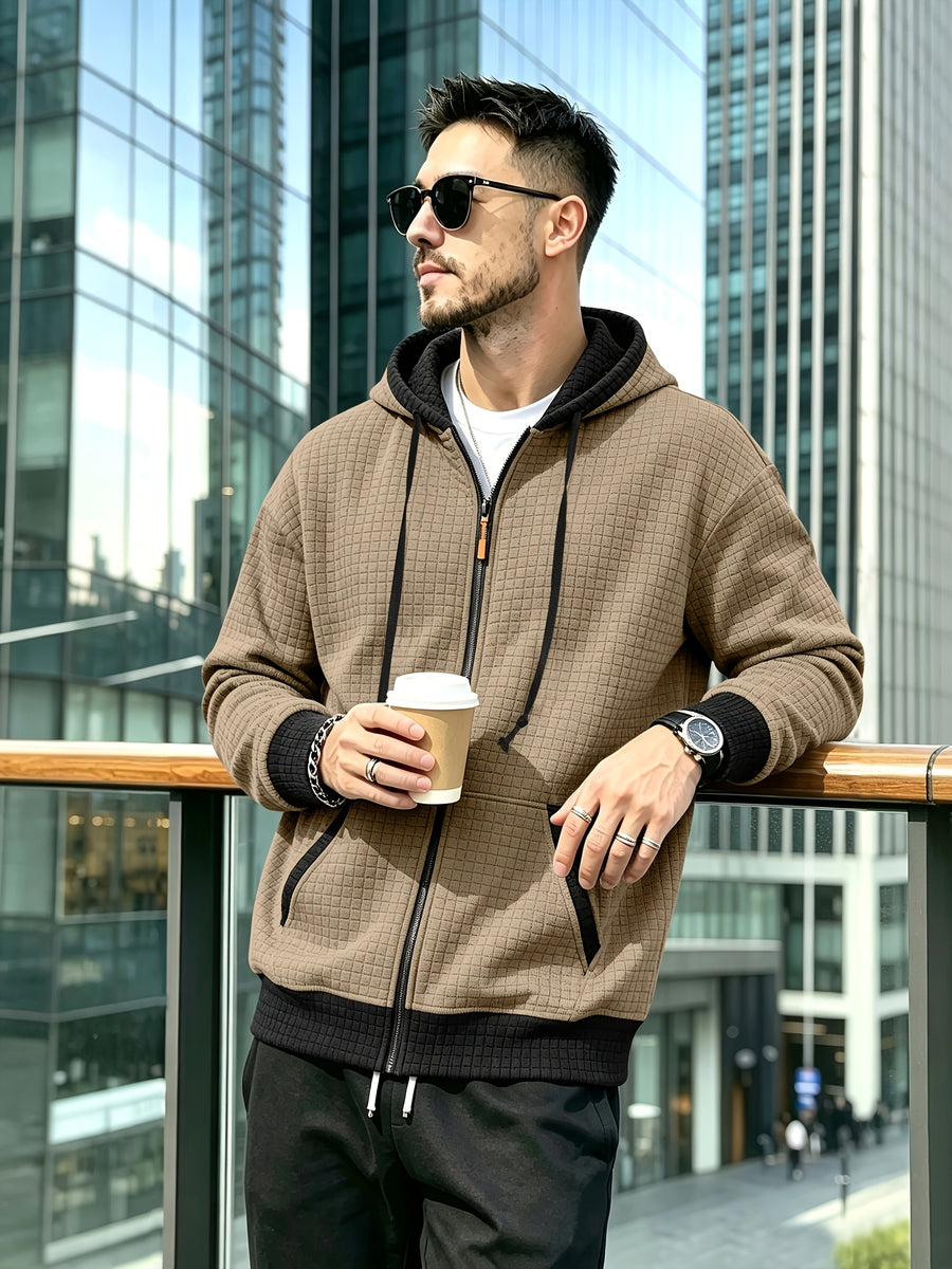 Men'S Fashion Hooded Color-Block Waffle Jacket, Zipper with Drawstring Coat, Suitable for Daily Commute, Outdoor Casual Sports Jacket - Khaki 1