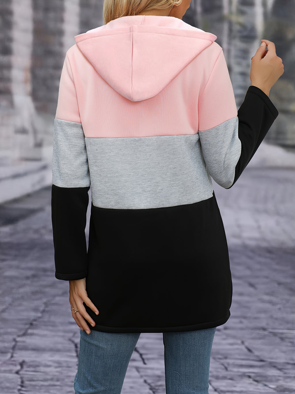 Women's Elegant Contrast Color Fleece Thickened Hooded Cardigan - Full Zip Hooded Jacket Full-Length Zip Closure, Pink/Gray/Black - Contrast Color Design, Machine Washable Autumn Winter Sweater, Soft Texture, Warm Outerwear for Autumn Winter, Office - Pink Color