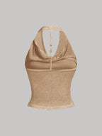 White Halter Neck Strapless Tank Top, Women's Solid Color Sexy Sleeveless Outerwear Top - Khaki