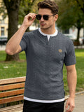 Summer Vintage Vertical Stripe Twisted Cable Embossed Men's Short Sleeve Double-Layer 2-in-1 Look Layered Design Henley Collar T-Shirt, Breathable Textured Versatile Top for Daily Commuting - Dark Gray