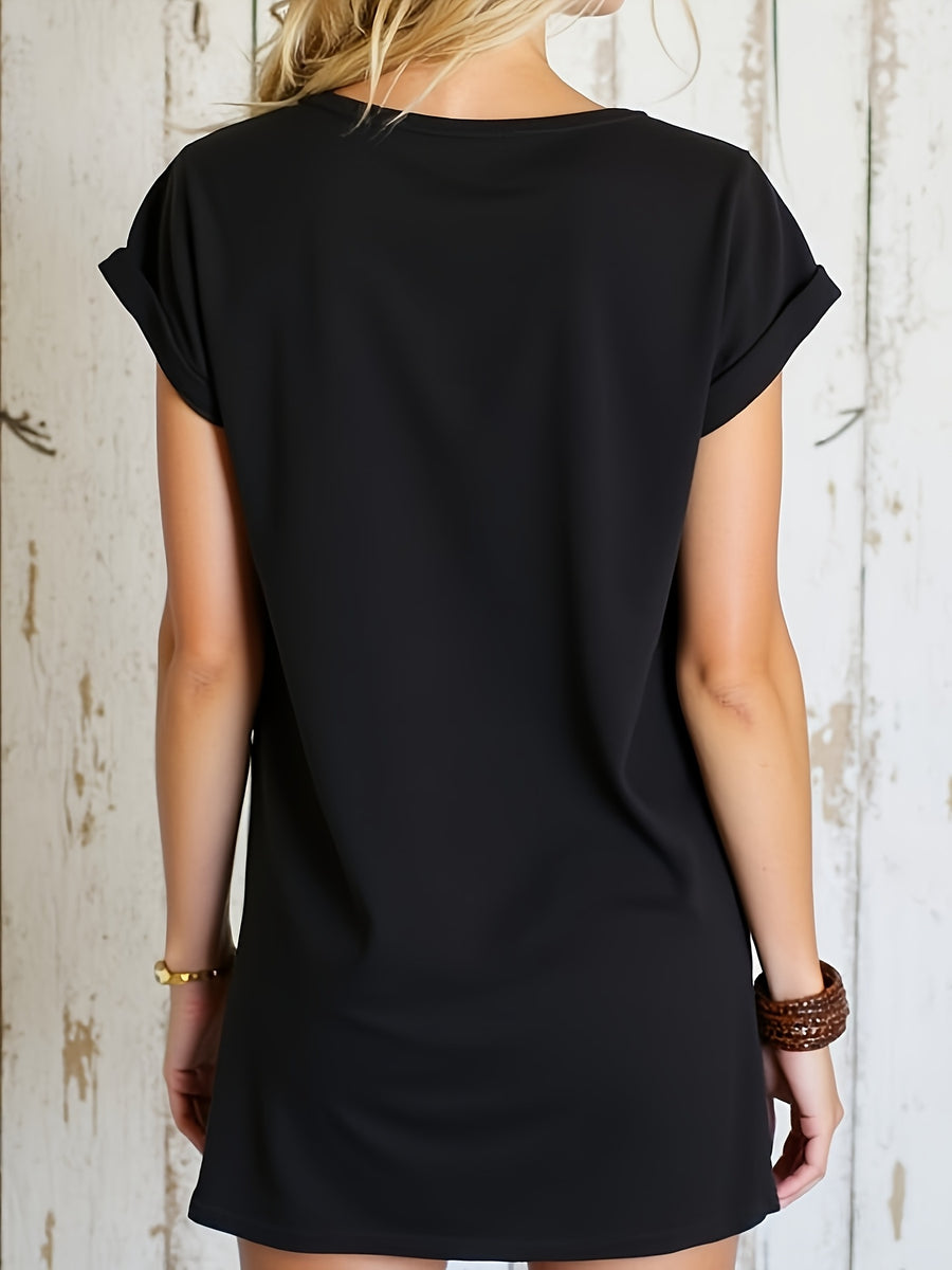 Summer Stylish Women'S Long Casual Short-Sleeve T-Shirt with Bat Sleeves And Pockets. - Black