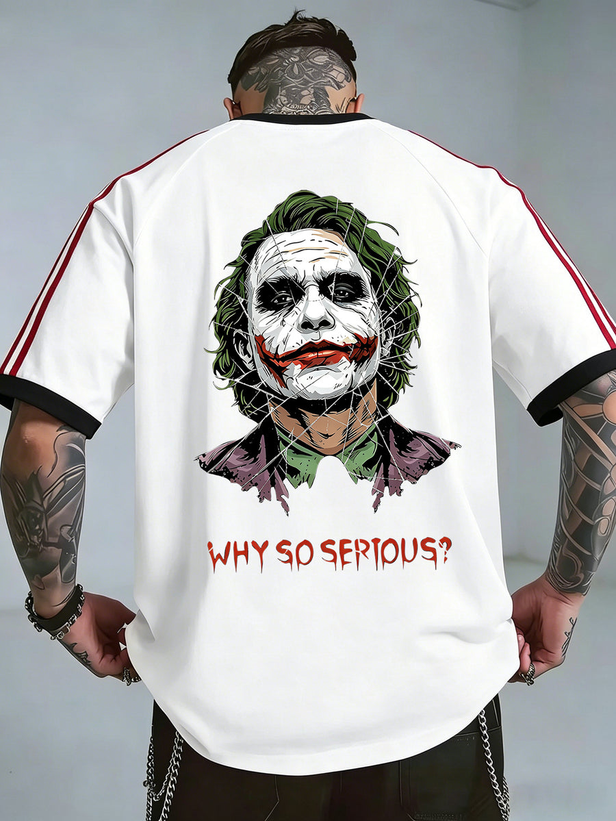 Warner Bros Official American Dark Style Drop-Shoulder Pure T-Shirt, Exquisite Hand-Painted Texture Green-Haired Joker Street Vibe Loose Fit Top, Double-Sided Front and Back Print, Men's 100% Pure Versatile Sporty Casual Style Summer Short-Sleeve - White