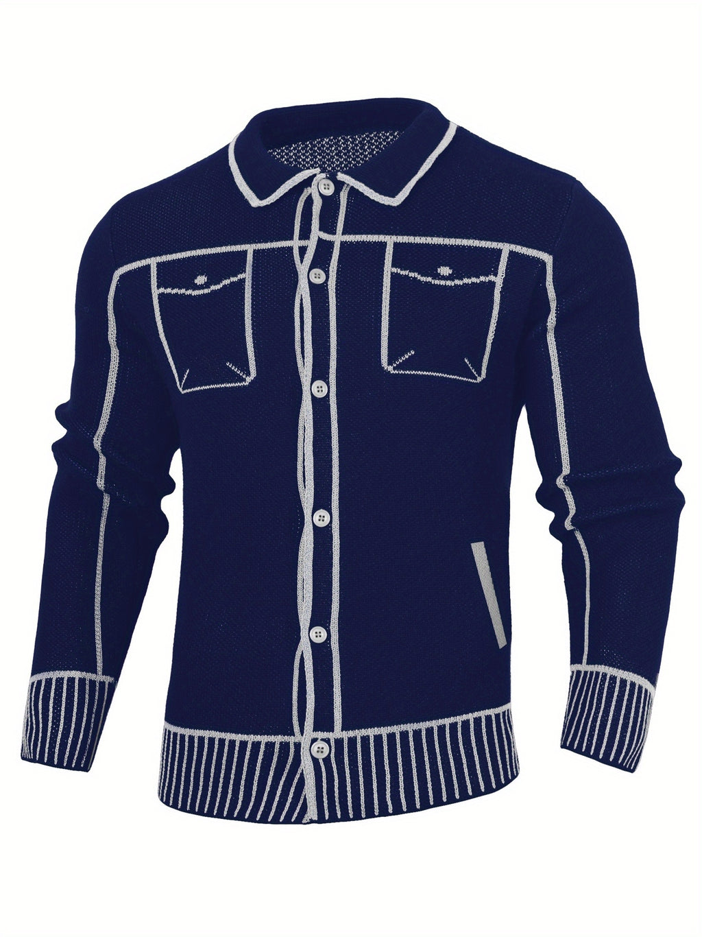 Men'S Casual Knit Cardigan, Fall Winter New Fashion Line Design Cardigan Sweater - Blue And White