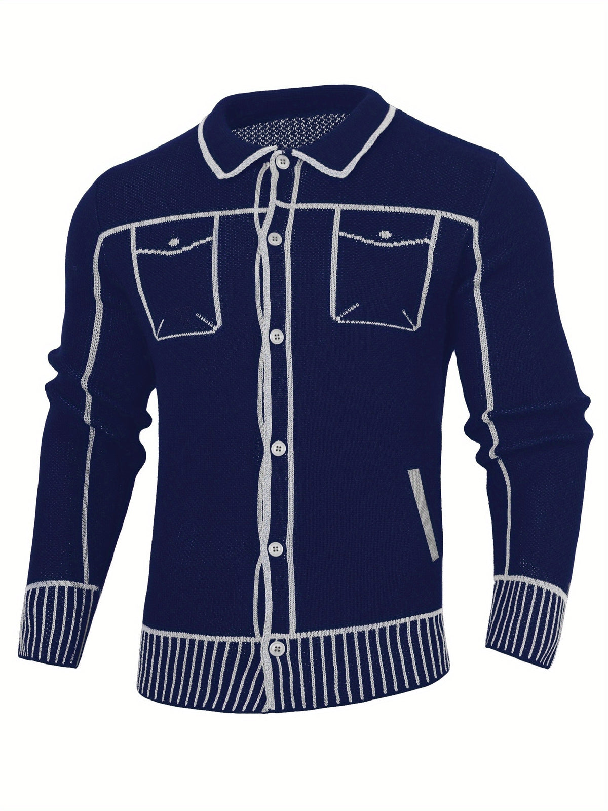 Men'S Casual Knit Cardigan, Fall Winter New Fashion Line Design Cardigan Sweater - Blue And White