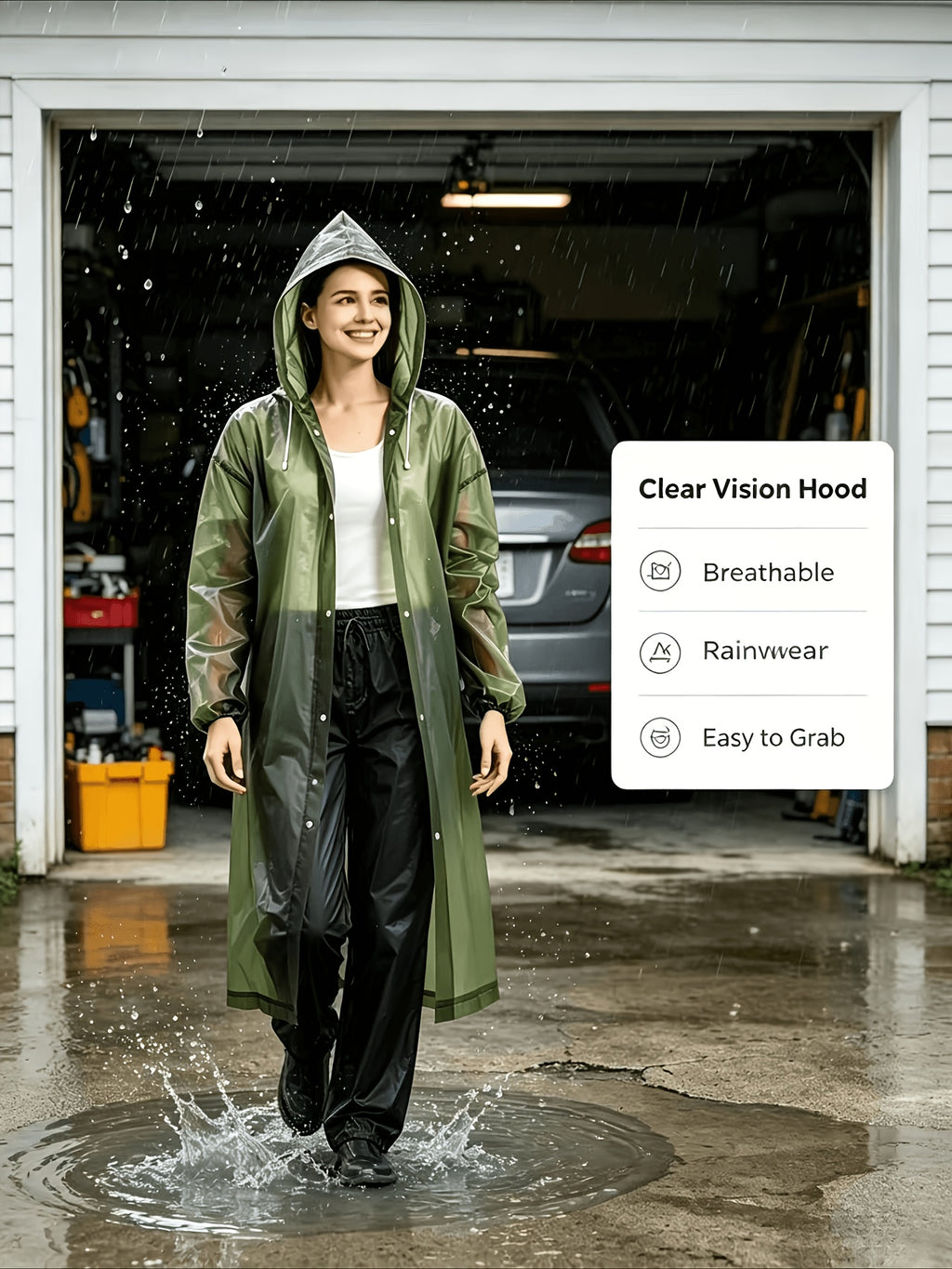 Unisex Adult Long Hooded Raincoat with Button Closure; Loose Fit Suitable for Tall People; Lightweight and Easy to Store, Foldable and Portable; Adjustable Hood with Drawstring + Elastic Cuffs; Foldable, Suitable for Commuting,, Travel, Rainy Day - Green-Cloth