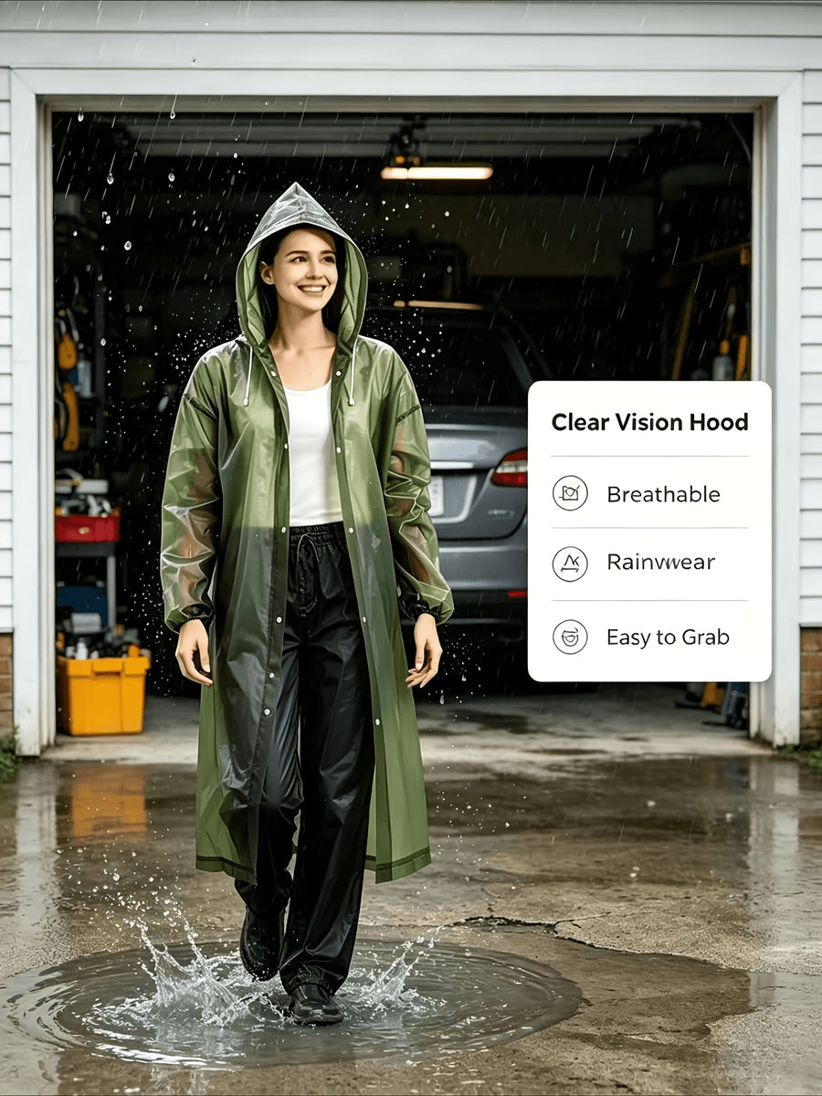 Unisex Adult Long Hooded Raincoat with Button Closure; Loose Fit Suitable for Tall People; Lightweight and Easy to Store, Foldable and Portable; Adjustable Hood with Drawstring + Elastic Cuffs; Foldable, Suitable for Commuting,, Travel, Rainy Day - Green-Cloth