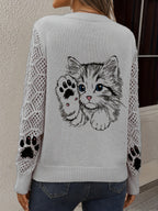 Vintage Cat Paw Print Hollow-Out Long Sleeve Round Neck Sweater, Casual Lazy Style Sweater Top. Non-shrink, Colorfast, Moderate Thickness Sweater. Suitable for All Seasons as Outerwear or Innerwear, Casual Outings, Home Office. Fashionable and - Space Gray