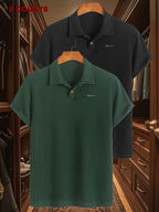 2pcs Set Summer Men'S Textured Jacquard Short Sleeve POLO Shirts | Casual Comfortable Soft Knit Lapel Collar, Geometric Pattern, Button Details - Dark Green + Black