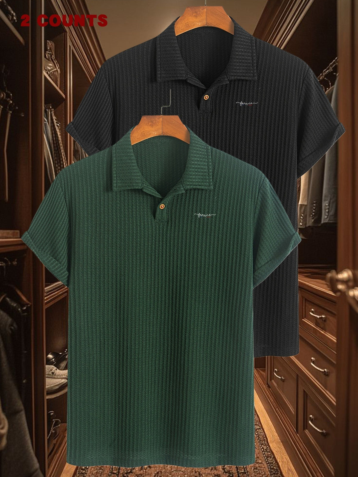 2pcs Set Summer Men'S Textured Jacquard Short Sleeve POLO Shirts | Casual Comfortable Soft Knit Lapel Collar, Geometric Pattern, Button Details - Dark Green + Black