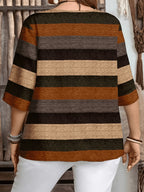 Women's Elegant Striped Print Shirt with Three-Button V-Neck Pullover, Spring/Summer Casual Loose Blouse Top - Orange-Red