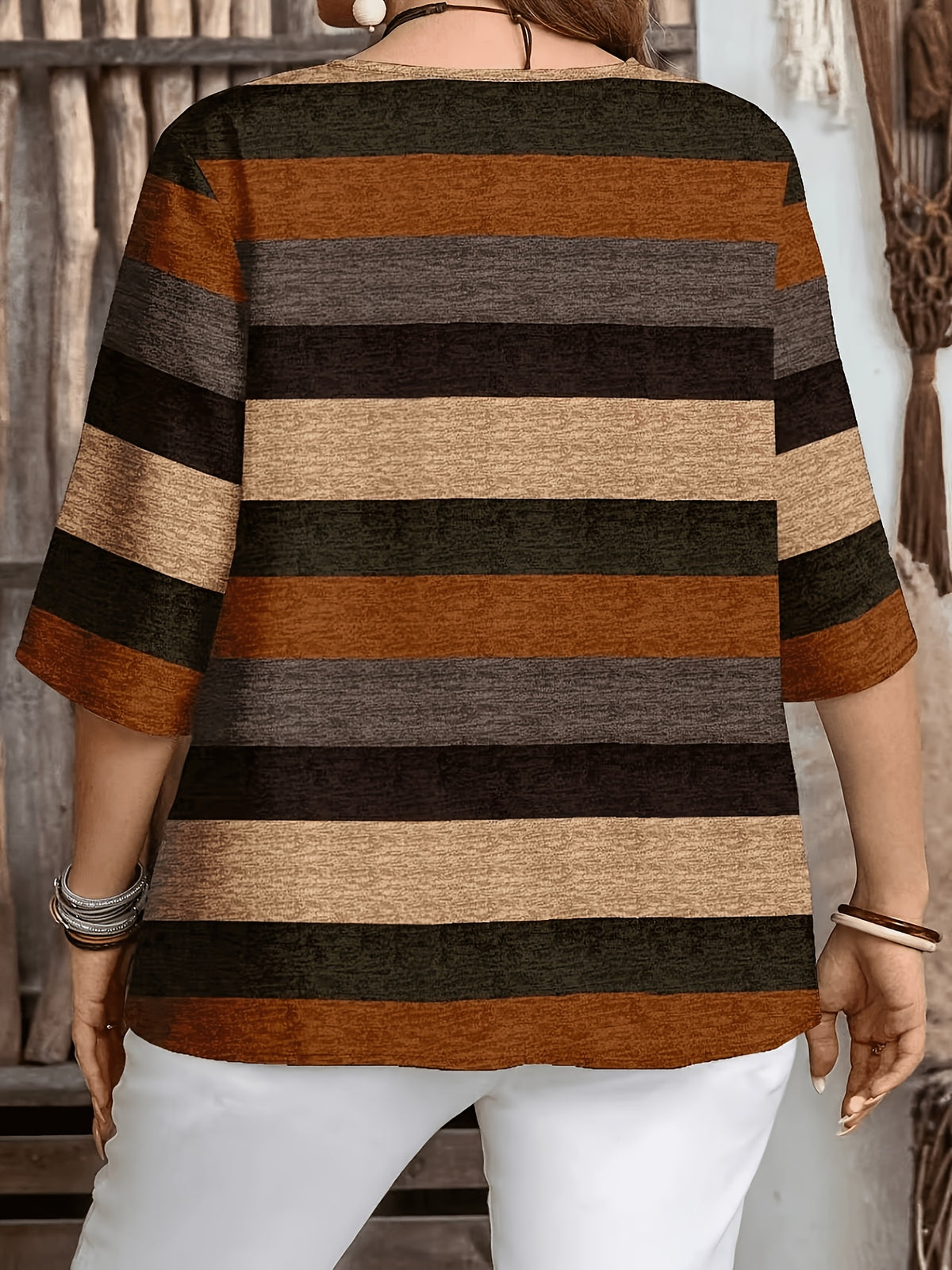 Women's Elegant Striped Print Shirt with Three-Button V-Neck Pullover, Spring/Summer Casual Loose Blouse Top - Orange-Red