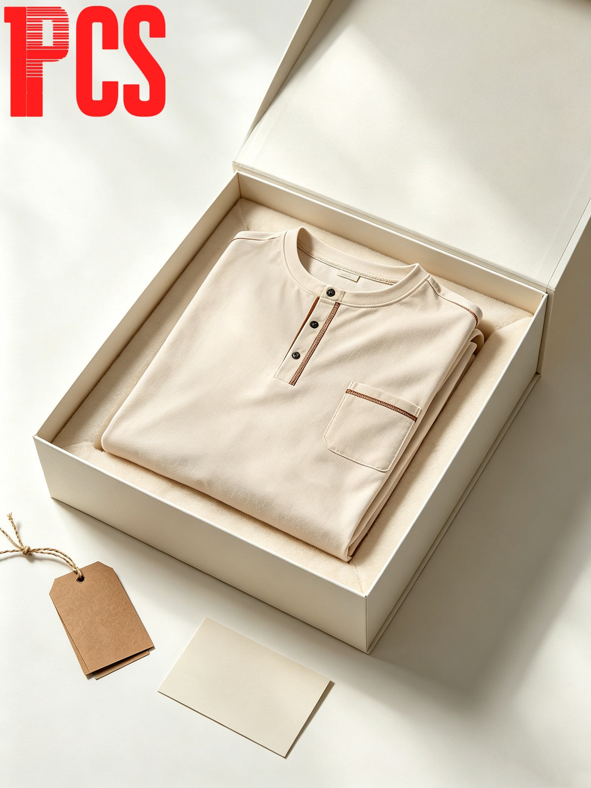 Men's Vintage Topstitch Henry Shirt Long Sleeve T-Shirt, Casual Versatile Light Business Crew Neck Half-Open Placket Pocket Top, Commuting Loose Fit Base Layer - Without Gift Box Packaging - Khaki