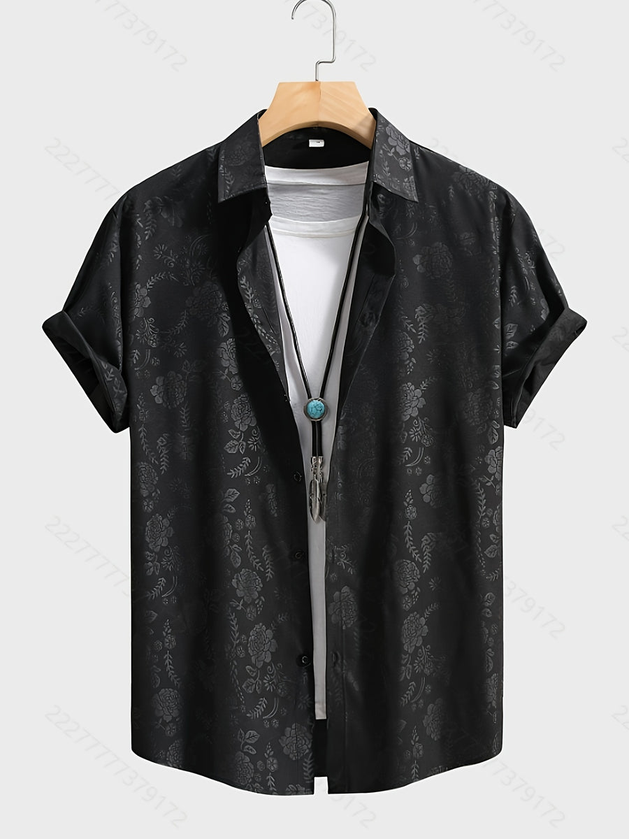 Summer Men's Casual Fashion Embossed Short Sleeve Shirt, Chinese Size, Please Check The Size Guide Carefully - Bright Black
