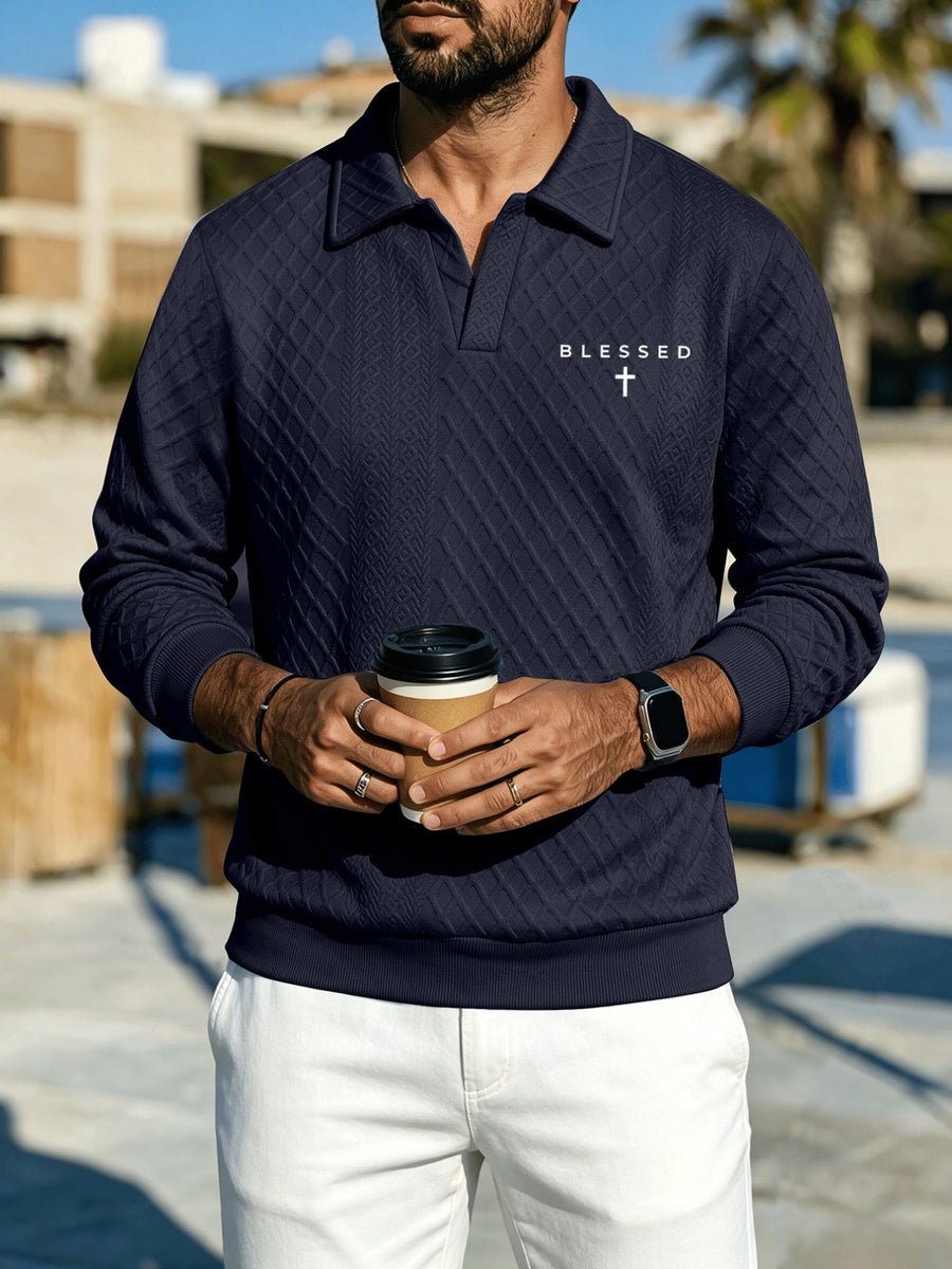 Men'S Diamond Pattern Long Sleeve Polo Shirt with Textured Collar And Pullover Style, All-Match Business Casual Top (Random Texture) - Navy Color