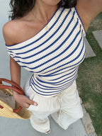 Women'S Striped Top One Shoulder Asymmetric Off Shoulder Crochet Sweater Top Casual Slim Fit Short Blouse for Summer Beach Vacation - Mixed colors