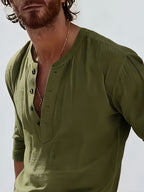 Men'S Fashion Polo Neck Linen Breathable Comfortable Casual All-Season Long Sleeve Shirt, Spring And Summer, Regular Fit, Polo Collar, Daily, Button - Olive