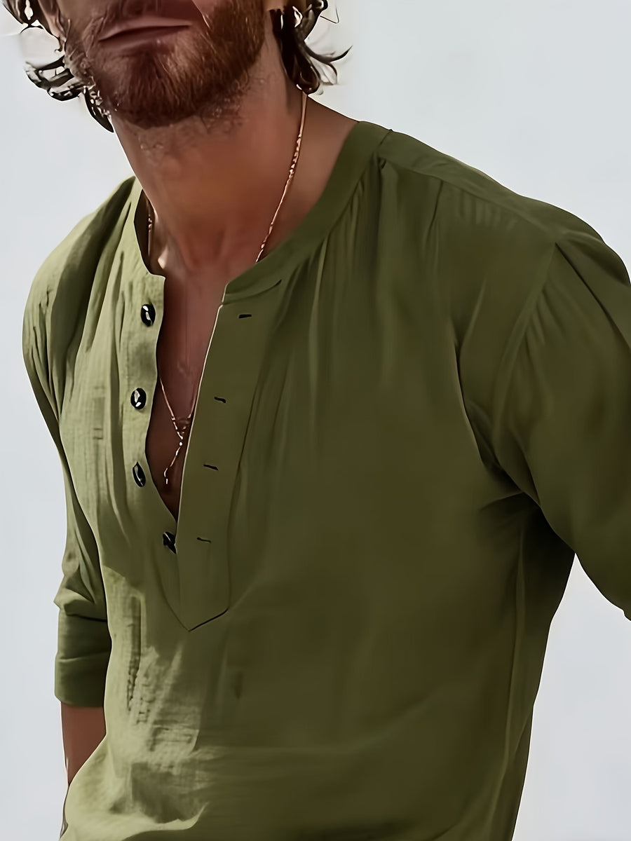 Men'S Fashion Polo Neck Linen Breathable Comfortable Casual All-Season Long Sleeve Shirt, Spring And Summer, Regular Fit, Polo Collar, Daily, Button - Olive