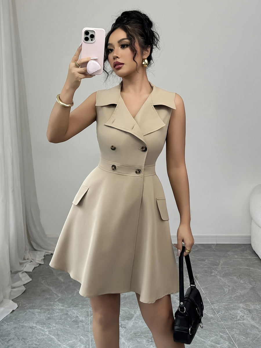 A Stylish Women'S Sleeveless Mini Dress with a French Collar, Featuring a Double-Button Waist And Decorative Faux Pockets - Khaki