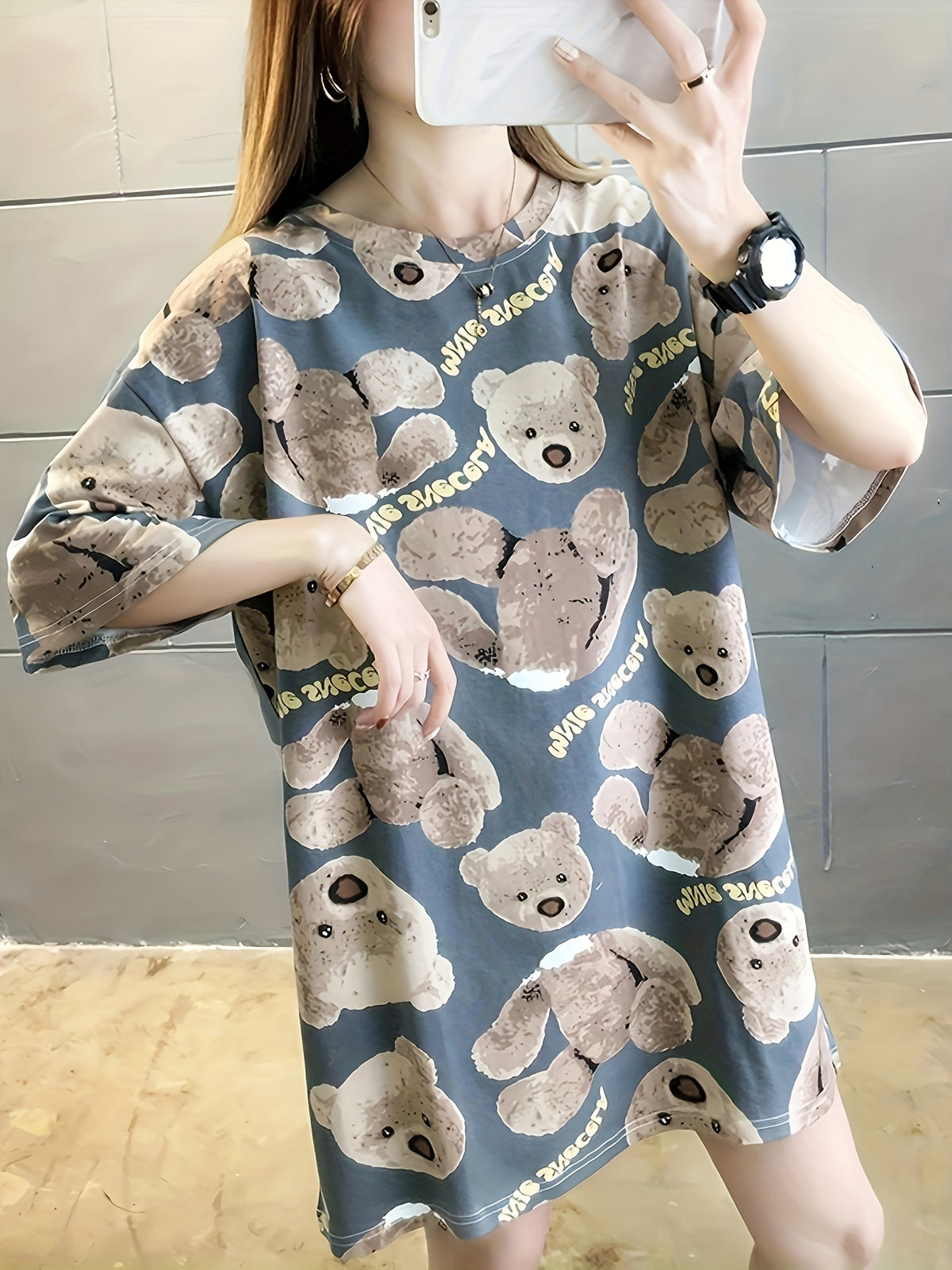 Summer New Large Size Loose Fashion Trend Thin Cartoon Round Neck Print Medium Long Short Sleeve T-Shirt - Light Blue