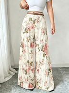 Women'S Summer Floral Print Fabric Design Pleated Loose High-End Elegant High-Rhythm Trousers, Suitable for Office, Formal Occasions, Teacher Uniforms, Back To, Travel, Beach, Street Photography, Summer Clothing, Summer Pants, Summer New Products - Mixed colors