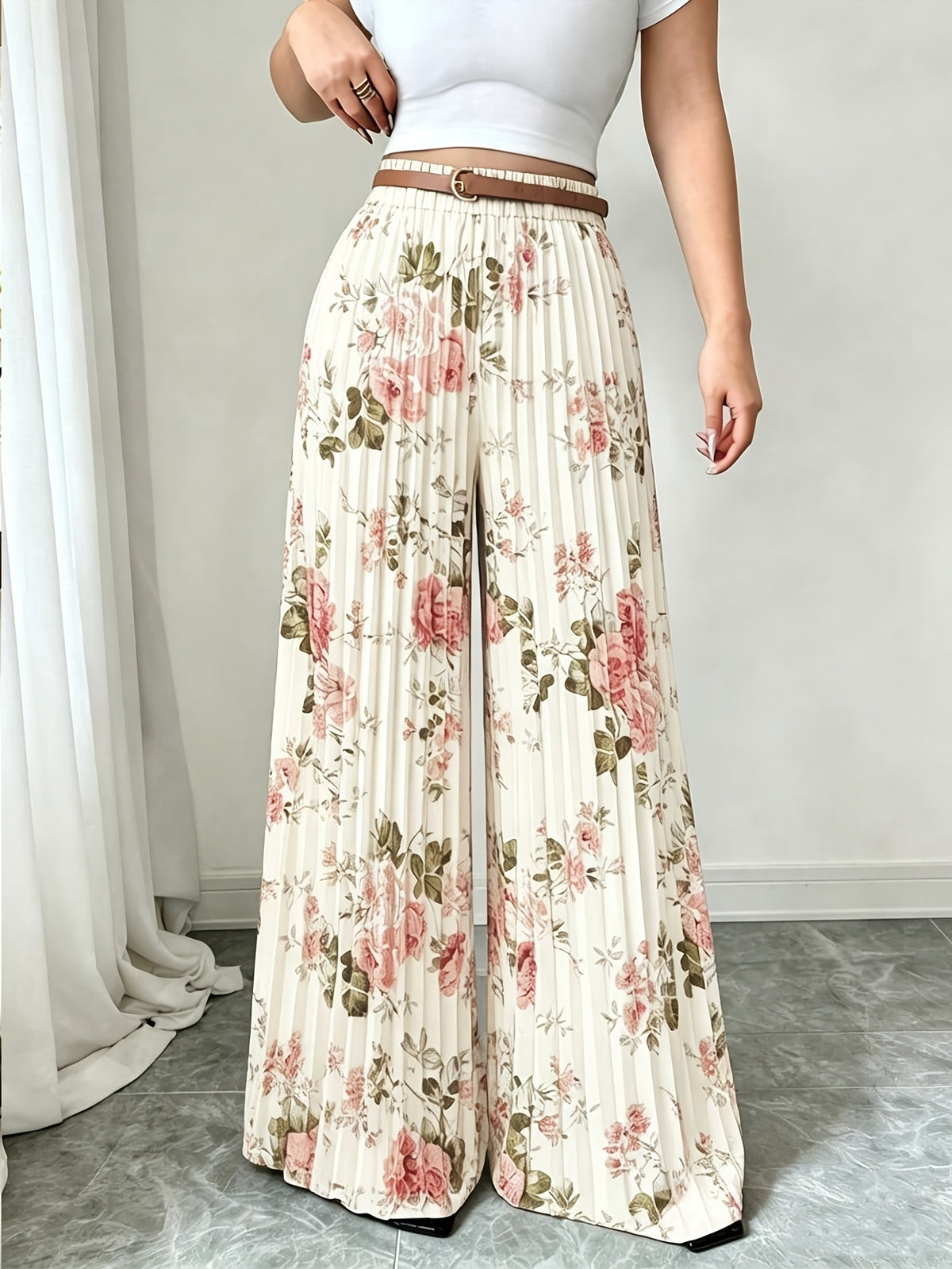 Women'S Summer Floral Print Fabric Design Pleated Loose High-End Elegant High-Rhythm Trousers, Suitable for Office, Formal Occasions, Teacher Uniforms, Back To, Travel, Beach, Street Photography, Summer Clothing, Summer Pants, Summer New Products - Mixed colors