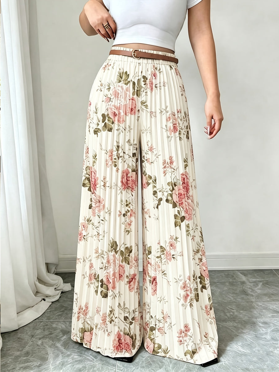 Women'S Summer Floral Print Fabric Design Pleated Loose High-End Elegant High-Rhythm Trousers, Suitable for Office, Formal Occasions, Teacher Uniforms, Back To, Travel, Beach, Street Photography, Summer Clothing, Summer Pants, Summer New Products - Mixed colors