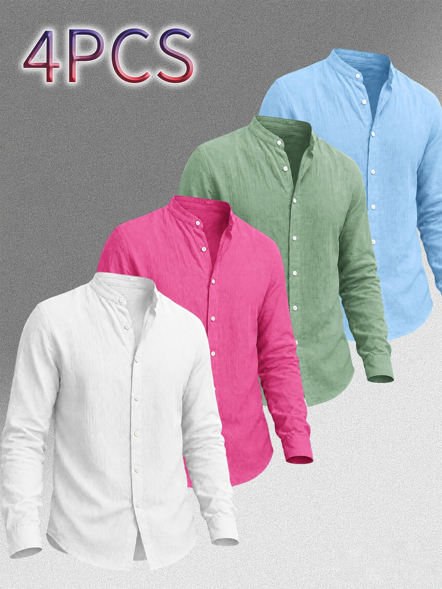Zhiyu OBM Men's New Stand Collar Solid Color -Look Long Sleeve Shirt 4pcs Set, Simple Stand Collar Design, High-Quality Men's Long Sleeve Button- Shirt for Spring, Autumn, and Winter - Suitable for Outdoor Leisure, Vacation, Travel, and Formal Wear - White + Rose Red + Green + Sky Blue