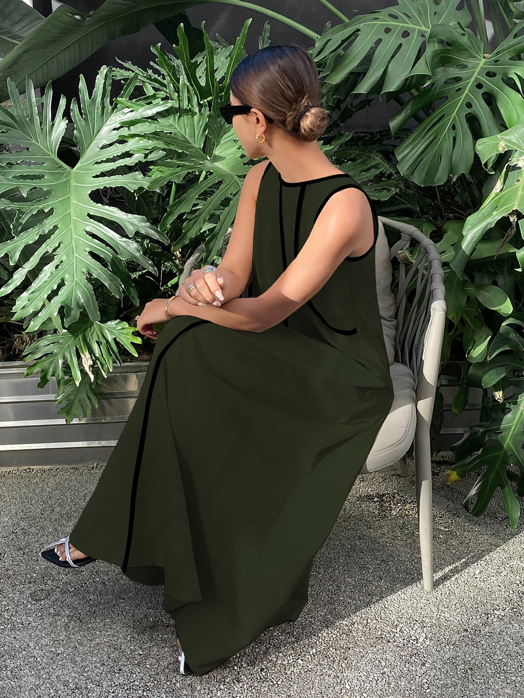 [Size for Regular Fit] Women's Simple Vacation Loose-Fit Comfortable Color-Block Contrast Trim Long Tank Dress - Tactical Green
