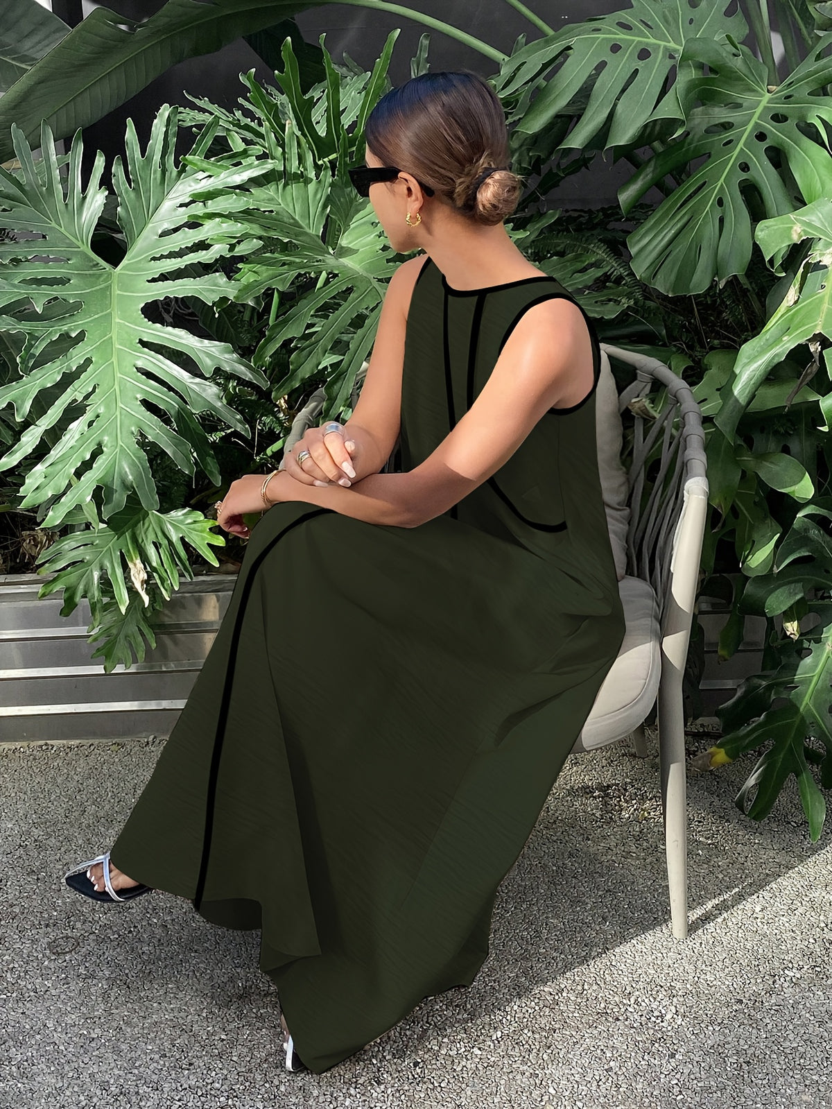 [Size for Regular Fit] Women's Simple Vacation Loose-Fit Comfortable Color-Block Contrast Trim Long Tank Dress - Tactical Green