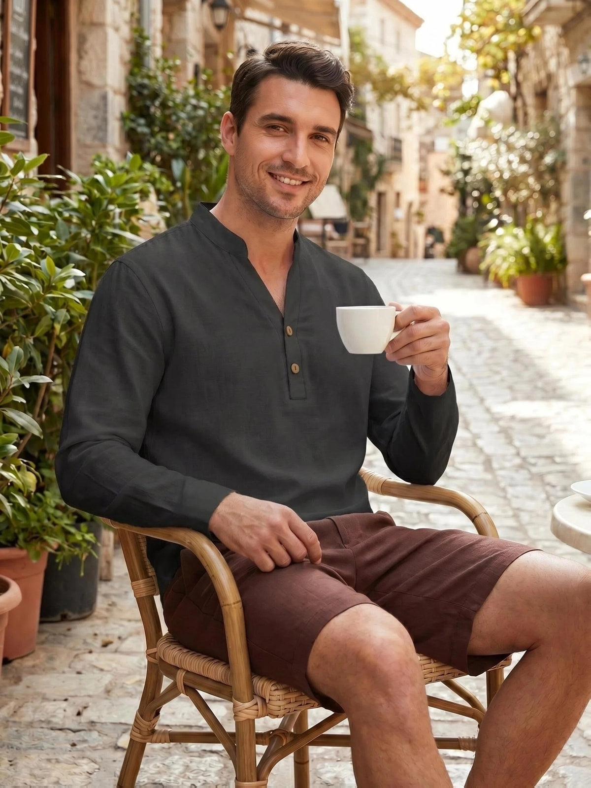 Spring/Autumn Men'S Long Sleeve Polo Shirt, Linen Texture Moisture-Wicking Breathable Sports Casual Henley Shirt, Half-Button Placket Button-Up Solid Color Top - Black